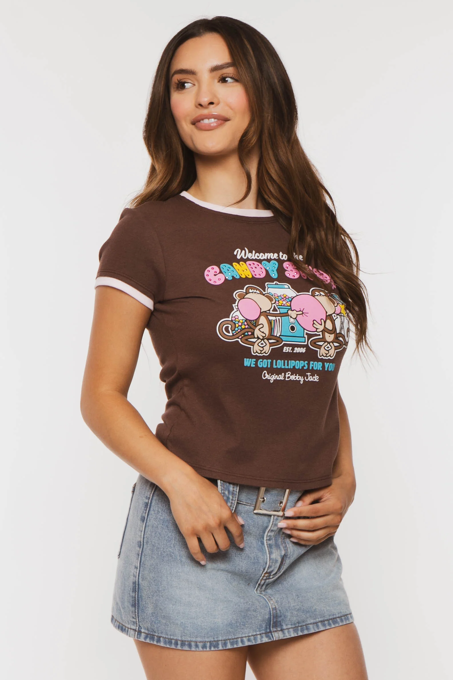 Candy Shop - Bobby Jack Rhinestone Ringer Top -Brown - Image 3