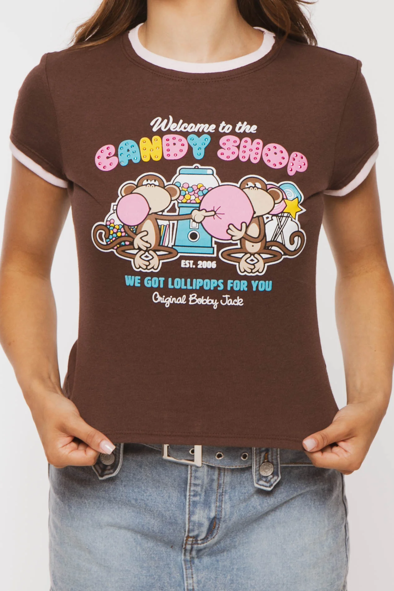 Candy Shop - Bobby Jack Rhinestone Ringer Top -Brown - Image 4
