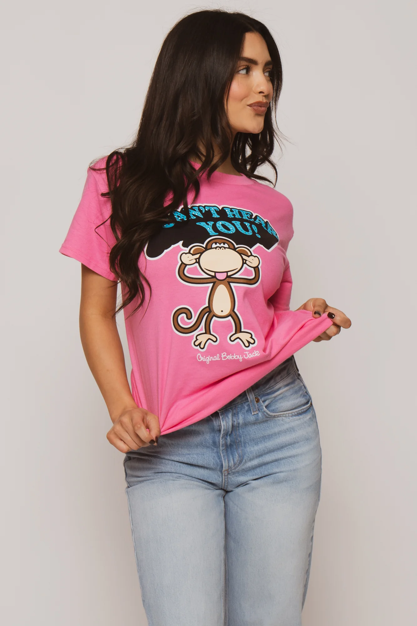Can't Hear You - Bobby Jack Boyfriend Rhinestone T-Shirt -Pink - Image 3