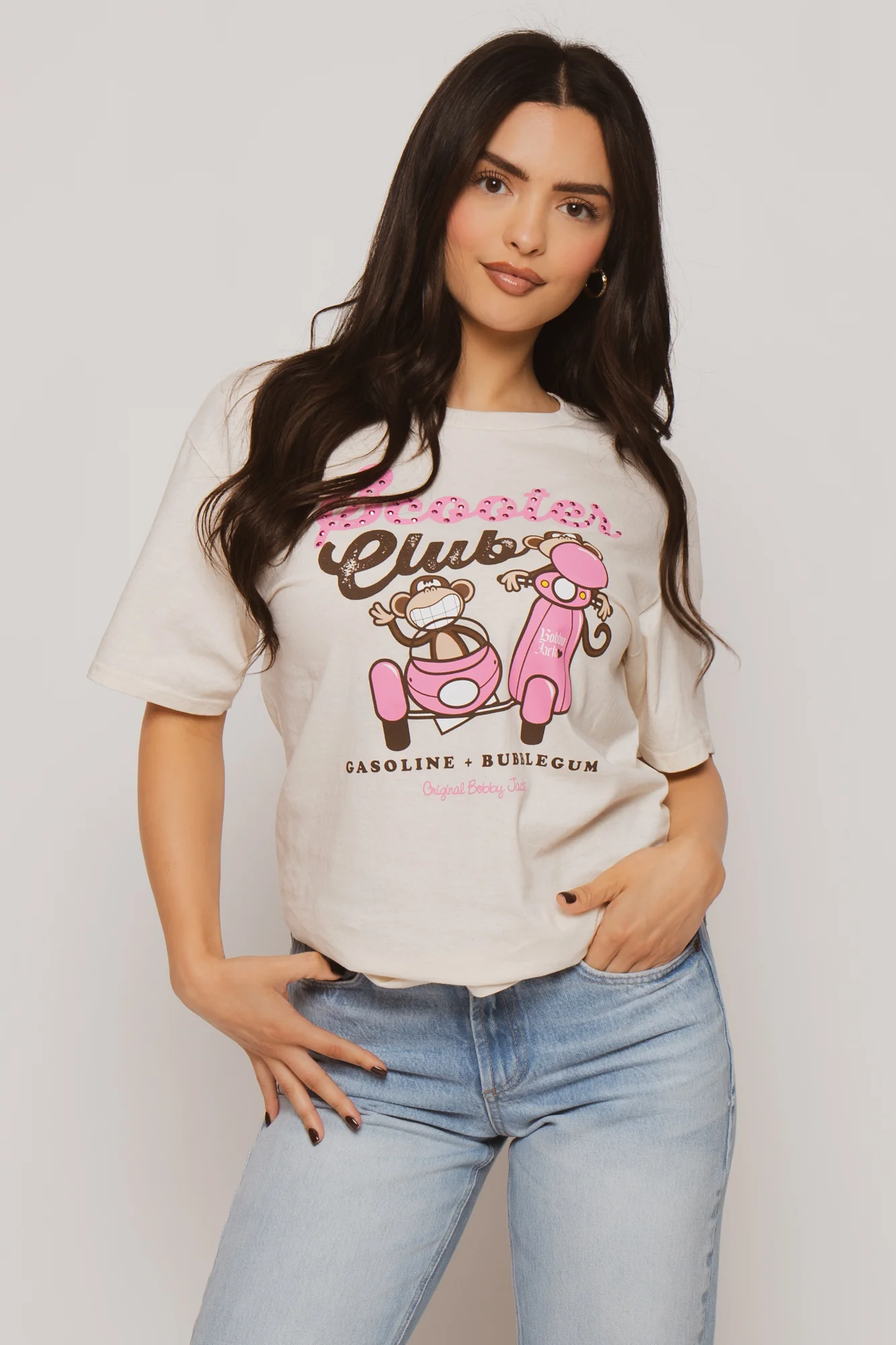 Scooter Club - Bobby Jack Boyfriend Rhinestone T-Shirt -Ivory